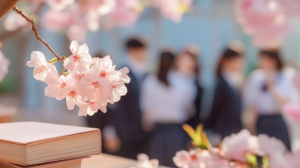 桜と教科書、背景に制服の学生。合格者の春と新しい学びのはじまりをイメージした写真。