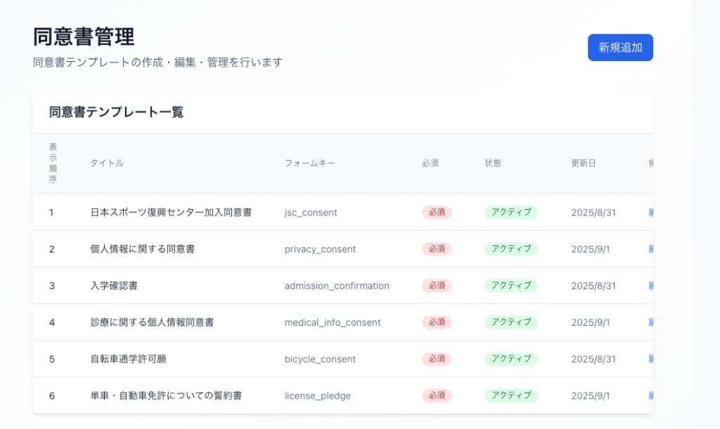 管理画面：同意書テンプレート一覧